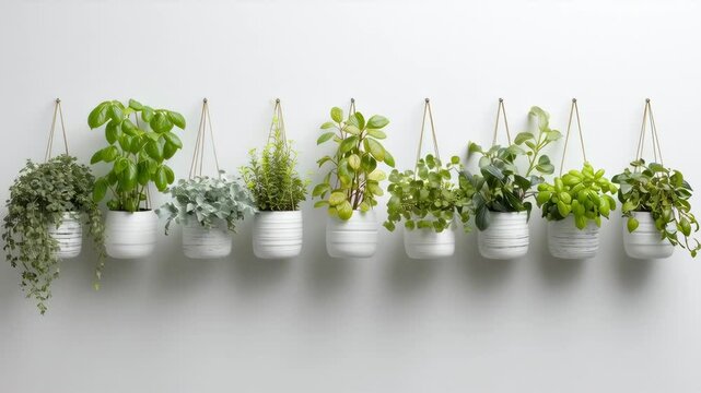 Hanging Herb Garden in White Pots - A row of eight hanging plants in white cylindrical pots adorn a minimalist white wall. The various herbs and greenery add a touch of life and vibrancy to the space.