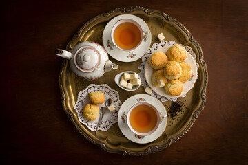 Overhead View of a Brass Tray with Two Cups of Tea Golden Scones and a Teapot on a Dark Wooden Surface