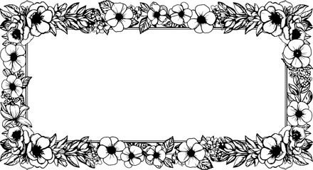 Floral Frame Border: Elegant black and white floral frame border, perfect for adding a touch of nature to your designs.  The intricate line art features delicate flowers and leaves.