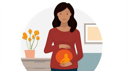 Illustration of a pregnant woman gently holding her belly with a visible fetus inside, standing in a cozy room with a flower pot and window.