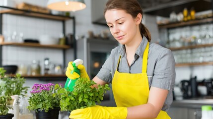 A woman wearing a yellow apron and gloves sprays water on potted plants indoors, tending to her home garden in a modern kitchen setting.