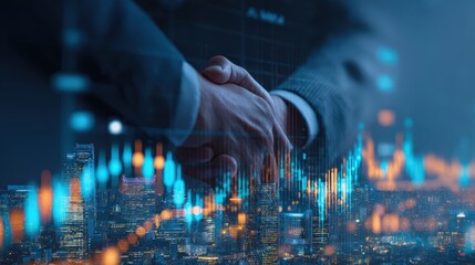 Two business professionals shaking hands over a cityscape with digital stock market graphs overlaying, symbolizing partnership and financial success.