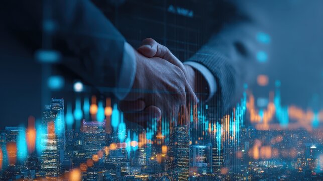 Two business professionals shaking hands over a cityscape with digital stock market graphs overlaying, symbolizing partnership and financial success. - Powered by Adobe