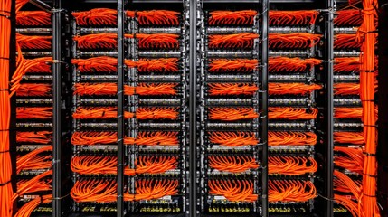 A server rack densely packed with organized orange network cables connected to multiple switches in a data center.