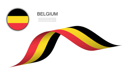 Belgium flag on waving ribbon and cricle button, Belgian flags vector design.