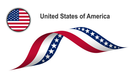 Naklejka na ściany i meble United States of America flag on waving ribbon and circle button, USA flags vector design.