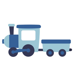  A cute blue train with a cart, ideal for travel or transporting goods along the railway, representing a classic mode of transport.