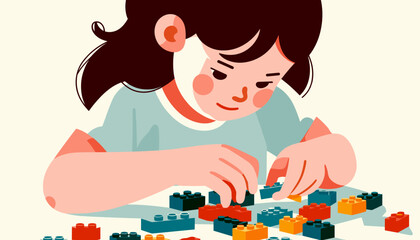 A child plays with colorful blocks at a table flat design illustration