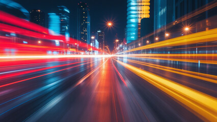 Abstract Urban Glow A long exposure shot of city lights at night, transformed into abstract, blurred streaks of vibrant color