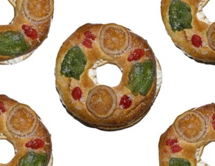 Traditional Spanish Roscón de Reyes with Candied Fruits and Cream Filling Isolated on White Background
