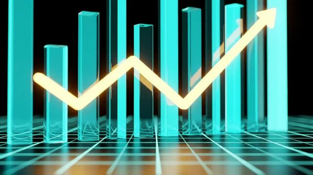 Futuristic 3D financial chart with animated bars and glowing line graph, dynamic growth