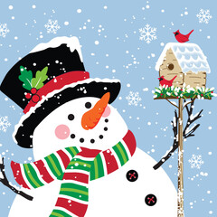Vintage Snowman Isolated with Cardinal Bird and Bird House. Snowy Scene with Snowflakes- Christmas Vintage Snowman Vector Illustration