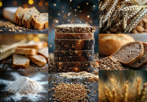 A variety of breads, including whole grain and multi-grain slices, with wheat kernels and flour, creating a rustic and cozy mood.