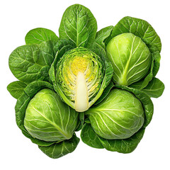 Fototapeta premium Green cabbage leafy vegetable fresh organic healthy raw round crisp natural garden produce arranged in circular pattern isolated on transparency background