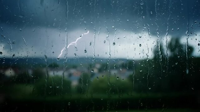 "Rain falling on window with lightning in the distance and dark storm clouds over a quiet town"