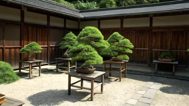 Bonsai trees in a Japanese garden courtyard