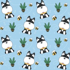Schnauzer and bee cartoon seamless pattern in sky blue background. Repeat design illustration. Can print it on gift paper, fabric, stationery, etc.