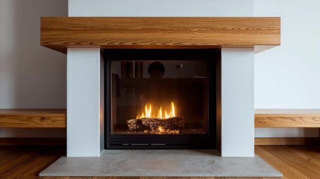 Modern Fireplace with Wooden Mantel and Bench - A contemporary gas fireplace with a sleek black insert and a warm, inviting fire is showcased.