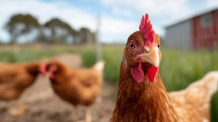 Chickens in backyard garden near chicken coop on sunny day