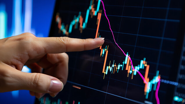 Close-up of a finger pointing at a declining stock market graph on a computer screen, illustrating financial market trends and analysis.