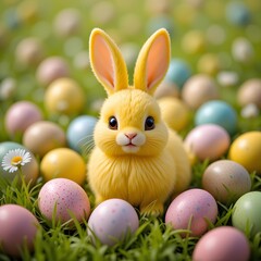 Yellow bunny surrounded by pastel easter eggs on green grass