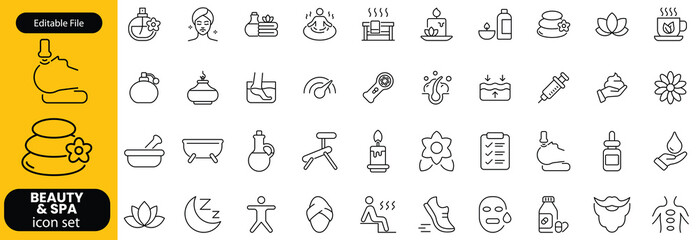 Wellness and Spa Line Editable Icons set. Vector illustration in modern thin line style of components of a healthy lifestyle, face and body care, recreation. Pictograms and infographics