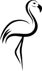 Minimalist flamingo illustration, black line art bird, elegant standing pose, simple animal design, modern style, isolated on transparency background, graceful and calm mood