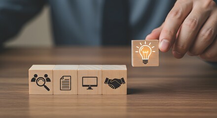 the key stages of the design thinking process, a solution-focused, problem-solving methodology used for innovation and strategic development. Design Thinking Process concept. Wooden blocks with icons