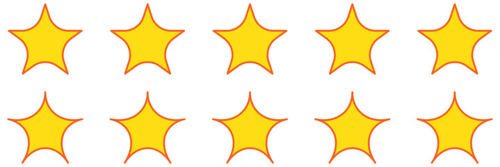 Star icons vector set of ten various stars in yellow color on white background. Five stars icon Vector. Five stars review rating vector. Rating star icon. Review icon. Set of different ratings. 