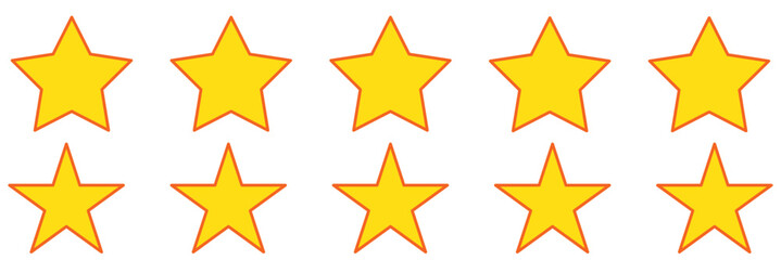Star icons vector set of ten various stars in yellow color on white background. Five stars icon Vector. Five stars review rating vector. Rating star icon. Review icon. Set of different ratings. 
