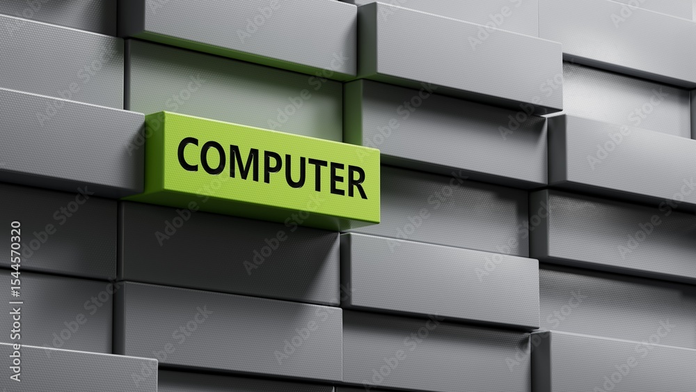 Poster computer.metal blocks spelling.flat lay view from above on metal blocks buttons.it technology concep