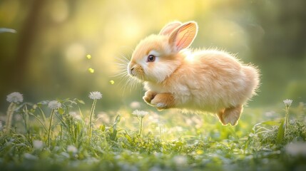 Fototapeta premium Cute bunny leaping in a sunlit meadow