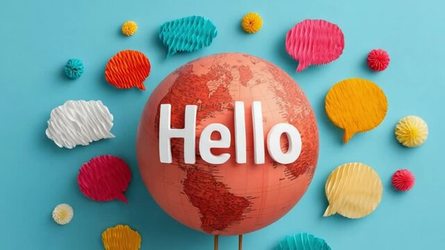 Globe with Hello in various languages and colorful speech bubbles