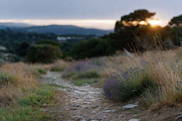 ground path through summer meadow in evening landscape