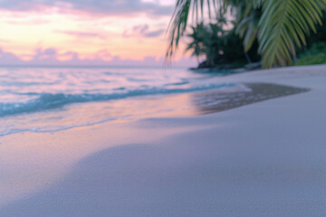 morning tropical beach with palm trees, partially blurred background