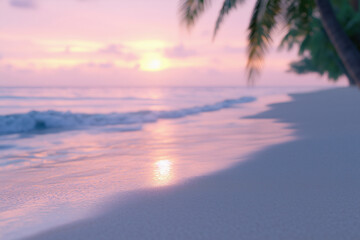 morning ocean tropical beach with palm trees, partly blurred background