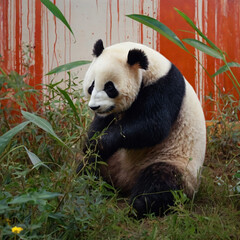 Fototapeta premium giant panda eating bamboo