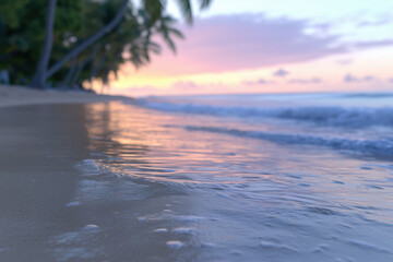 morning ocean tropical beach with palm trees, partly blurred background