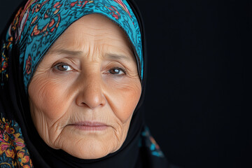 portrait of old woman in ethnic hijab on black background