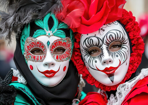 Carnival mask face paint feather red green ornate festival Limoux parade closeup joyful