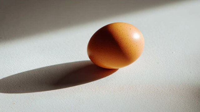 Single Brown Egg in Sunlight - A close-up shot of a single brown egg resting on a textured white surface. A strong light source casts a distinct shadow beside it.