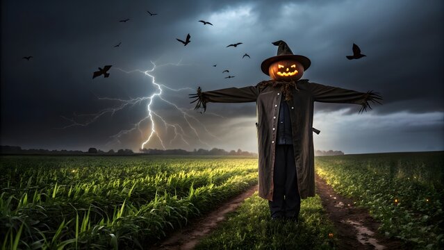 Halloween scarecrow with pumpkin head in stormy field path