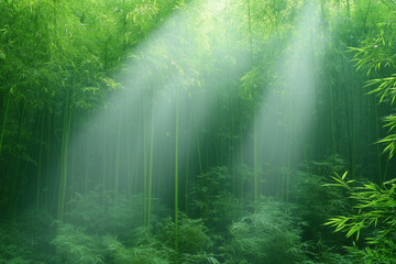 morning misty bamboo grove in sunlight