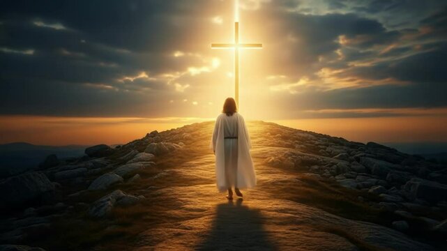 Jesus christ walks a path toward a radiant cross on a mountain - Powered by Adobe