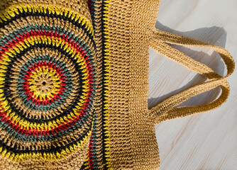 Close -up beautiful beach bags from Rafia.