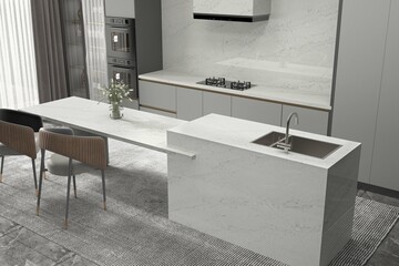 Lovely furnishings and touches of gray and warm tones. Stainless steel appliances, wooden floors, and a marble waterfall island are features of the kitchen interior. 3D Rendering