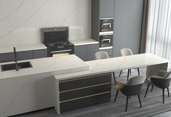 Kitchen in a modern style with a glossy quartz worktop with sink, stove, oven, kitchen utensils, white storage furniture, marble countertop. Mockup. 3D Rendering