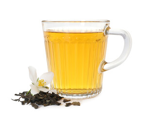 Aromatic jasmine tea in glass cup, flower and dried leaves isolated on white