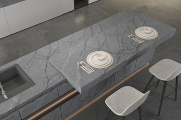 Top view of kitchen interior with gray quartz on center island, gray tiled flooring, double chairs aside. 3D Illustrations. 3D Rendering