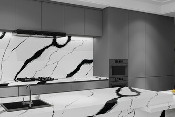 Lavish kitchen interior with calacatta quartz on countertop, full height backsplash and center island, grey wooden cabinets. 3D Illustrations. 3D Rendering